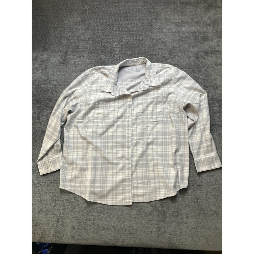 Ridgecut Toughwear Shirt Womens 3X Gray White Plaid Flex Long Sleeve Button Up